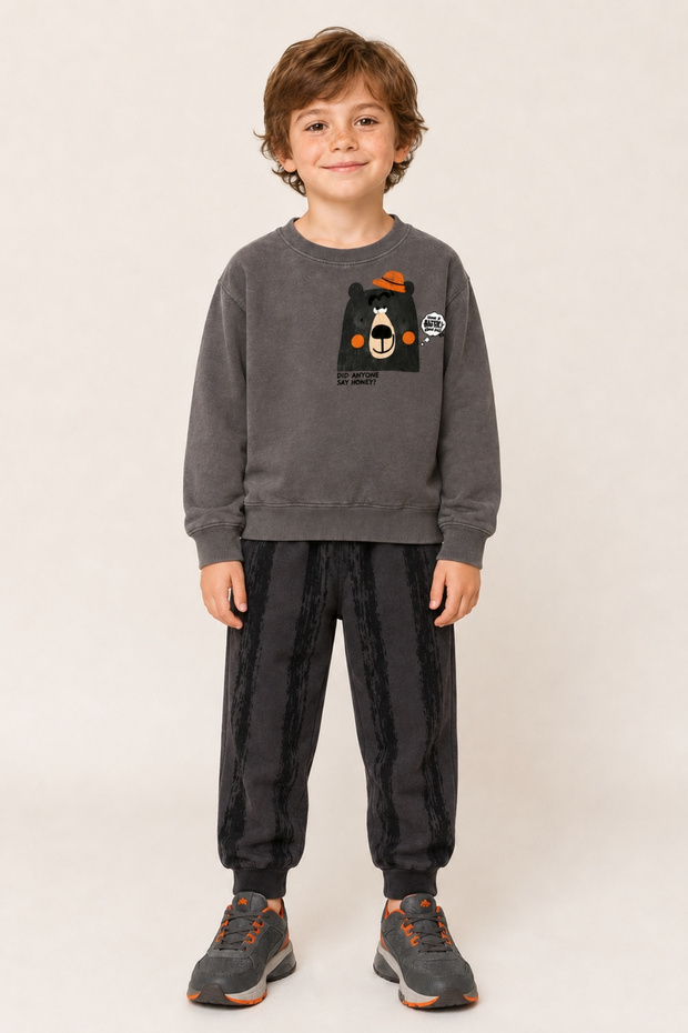 Boy's Teddy Bear Printed Two-Thread Brushed Sweatshirt Jogger Top and Bottom Set