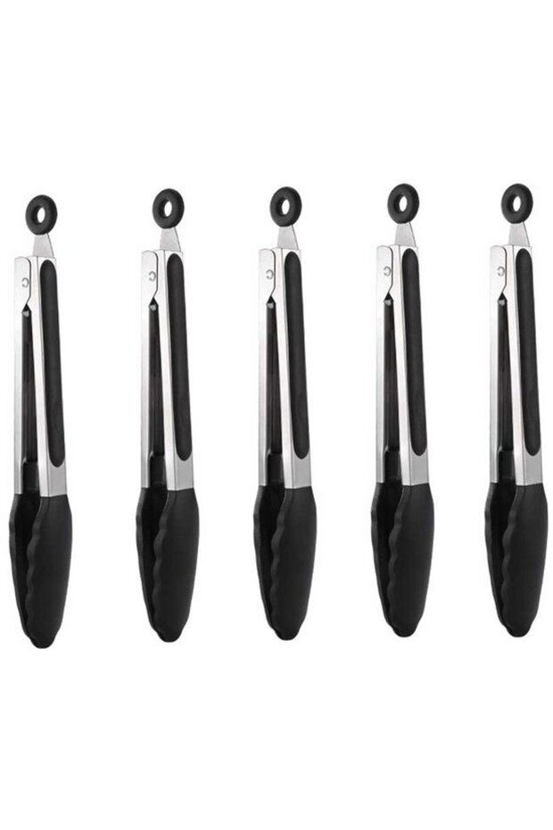 Silicone food tongs 5-piece set, stainless steel, suitable for cooking and grilling, black.