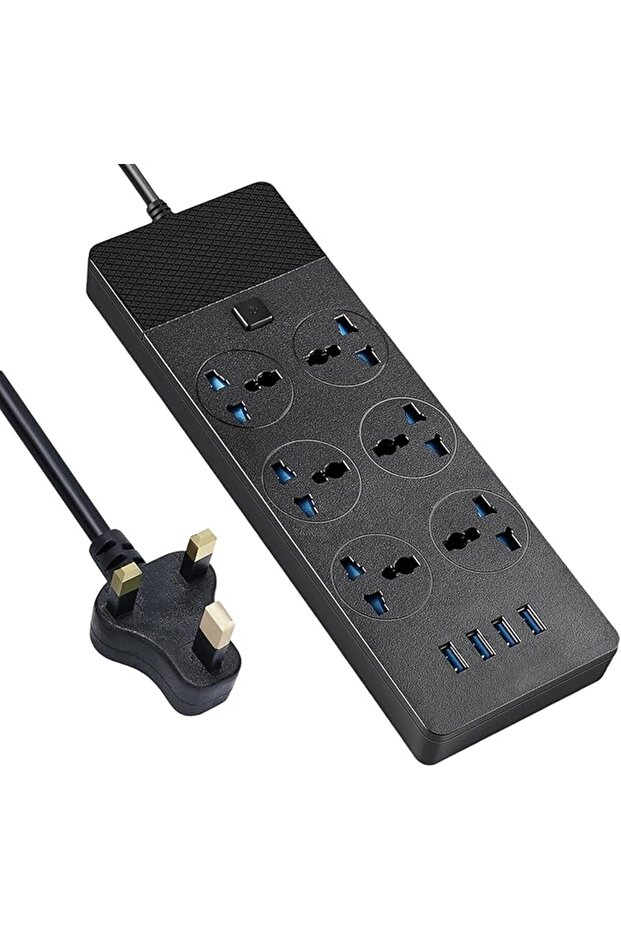 شريط طاقة مع 6 منافذ عالمية متعددة الاستخدامات، و4 منافذ شحن USB، وموصل تمديد بطول 2 متر