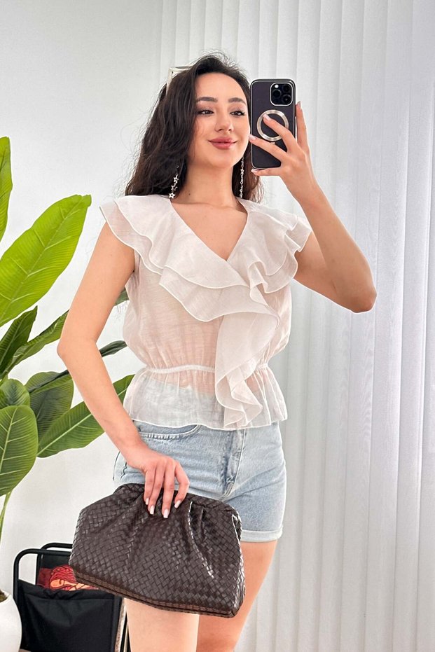 Women's Stone V-Neck Flounce Ruffle Elastic Waist Sleeveless Woven Blouse
