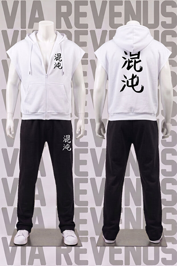 Kaponca T-Shirt with Front and Back Print, Sleeveless, Zippered, Hooded, 3-Thread, Ribbed Tracksuit Set