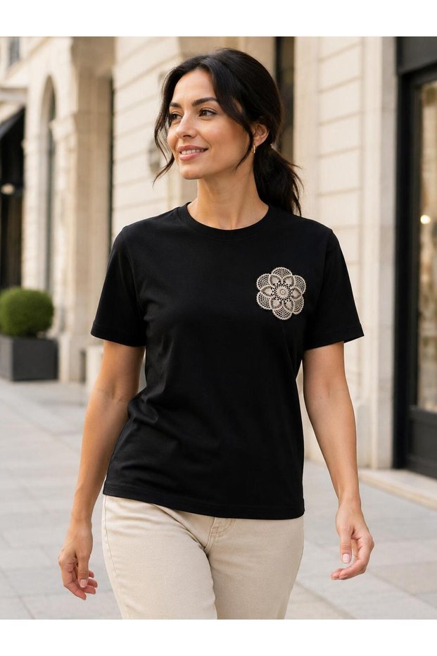 Women's Lace Embroidered Lycra Combed Cotton Short Sleeve T-Shirt