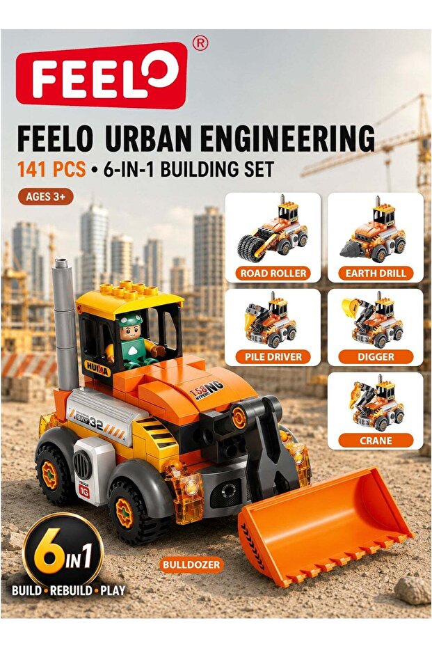 Urban Engineering 6-in-1 DIY Construction Truck Building Blocks Set 141 Pieces for Kids, Road Roller, Earth Drill, Pile Driver, Digger, Bulldozer & Crane Builds, Movable Engineering Joints, Scre