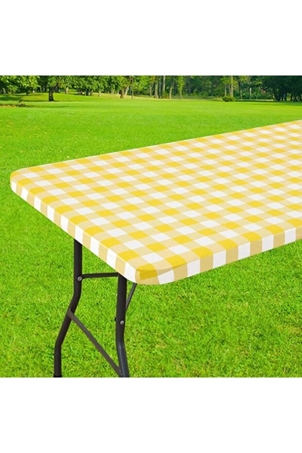 A rectangular picnic tablecloth, elastic, waterproof laminated vinyl, checkered pattern, dining, camping, and outdoor activities...