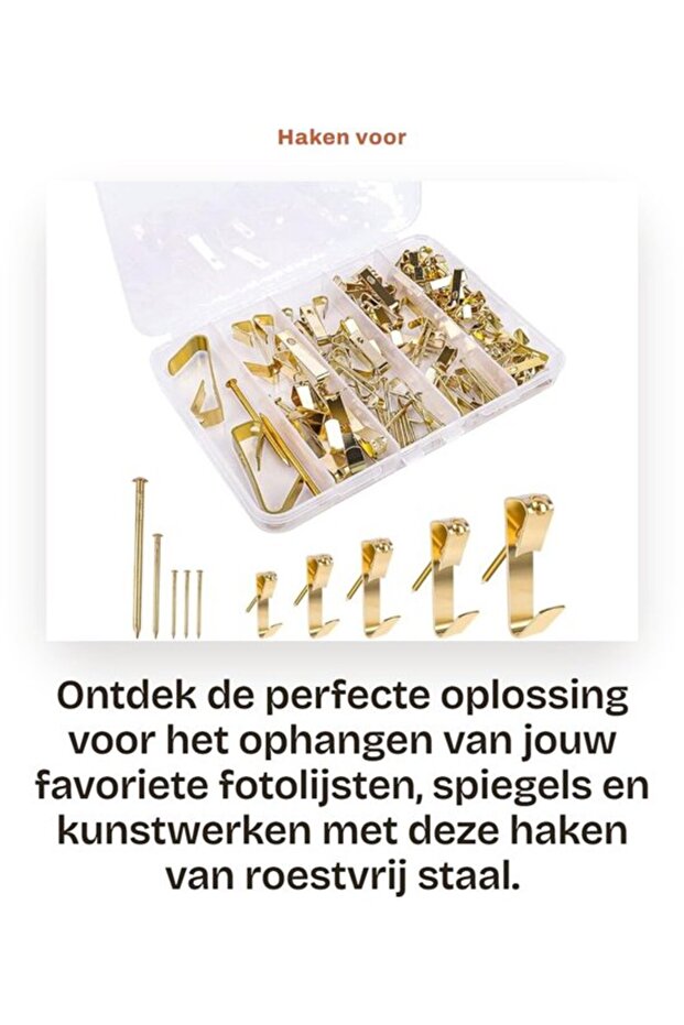 Everyday Essentials - Gold Photo Hooks - Picture Frame Hooks - Stainless Steel Wall Hooks - Nail Hanging System - 120-Piece Set - Multiple Sizes