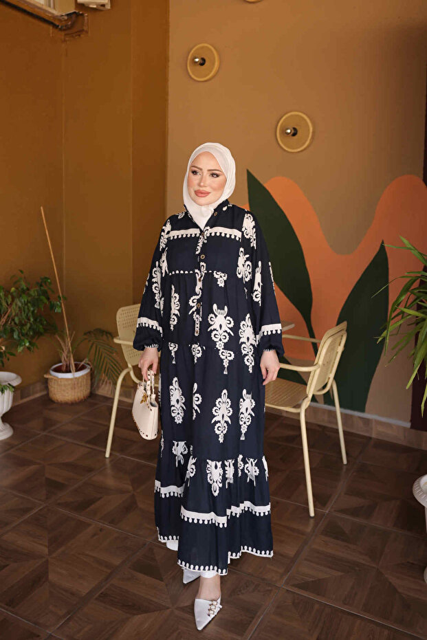 Navy Blue Half-Buttoned Layered Viscose Dress with Elastic Sleeves