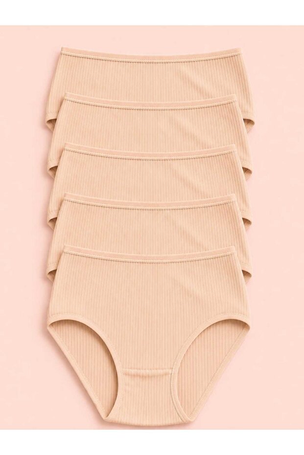 Yüksel Bel 100% Cotton Ribbed 5-Piece Panties