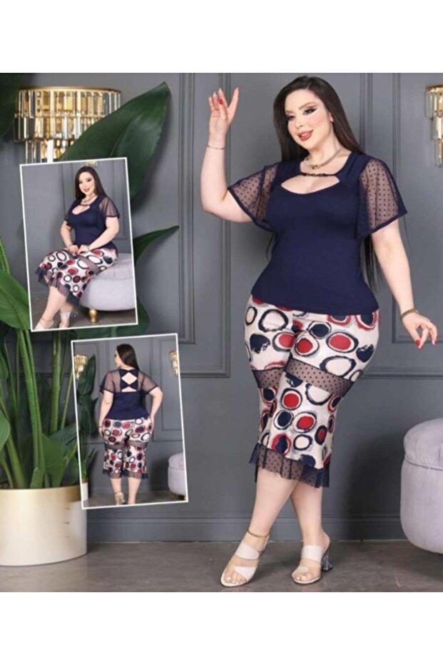Plus Size Women's Navy Blue Blouse Patterned Capri Set