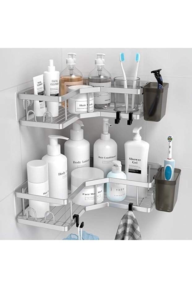 Corner Shower Caddy 2-Pack - Rustproof Stainless Steel Adhesive Shower Organizer with Hooks & Toothp