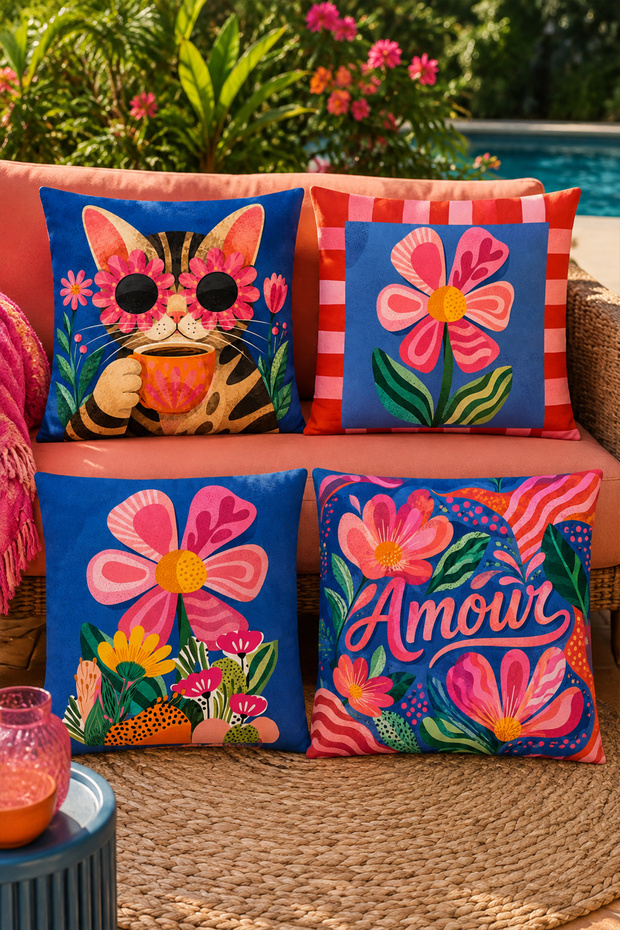 Cat Patterned 4-Piece Throw Pillow Cover Set with Flower Glasses