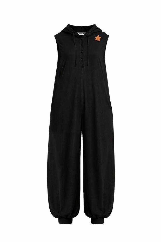 Black Hooded Sleeveless Graphic Printed Flowy Jumpsuit 19089