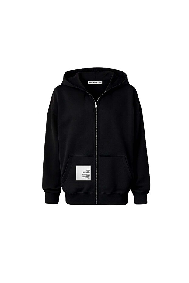 Black Zippered Hooded Oversize Sweatshirt with Floral Print on the Back 19040