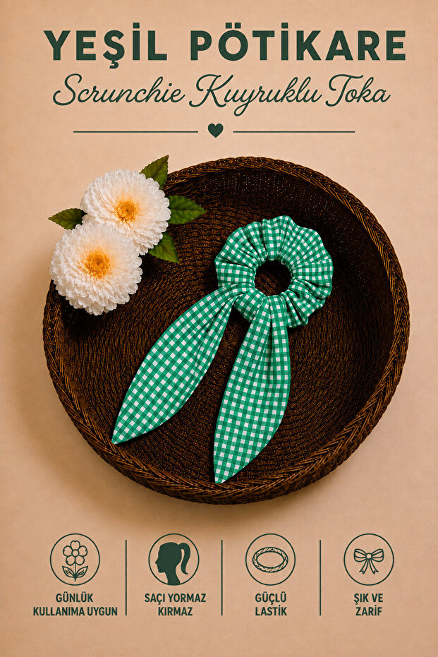 مشبك شعر مطاطي قوي باللونين الأخضر والأبيض من Pötikare Kuyruklu Scrunchie
