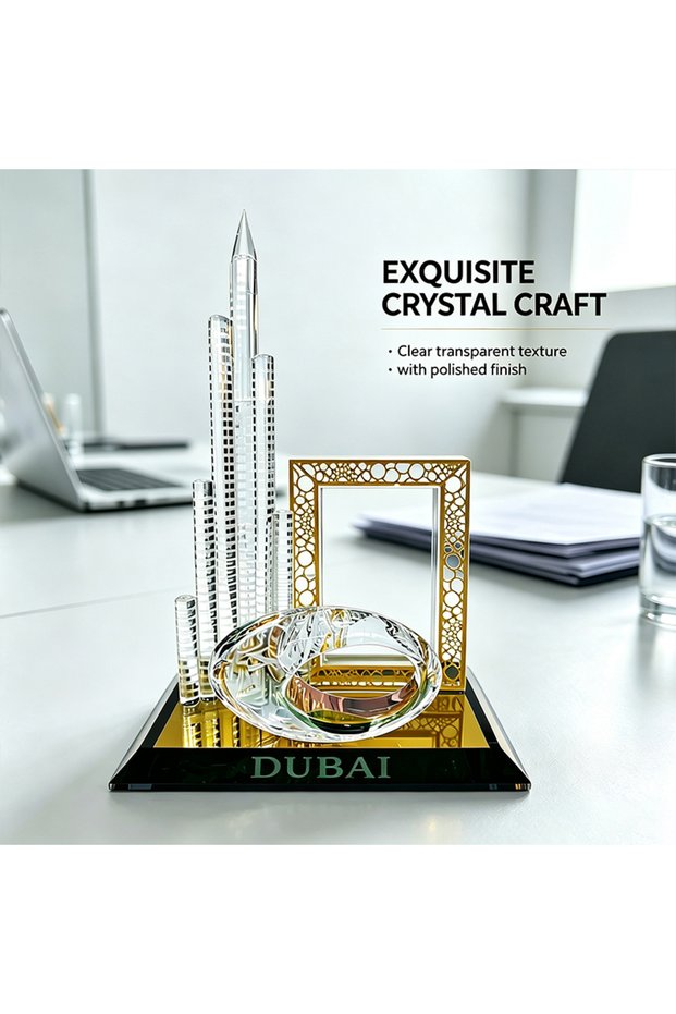 Luxury Crystal Glass Dubai Souvenir Desk Ornament with Golden Frame Decor. Clear Transparent Architectural Model for Modern Living Room or Office Tabletop. Premium Quality Ideal Charming Gift Choice.
