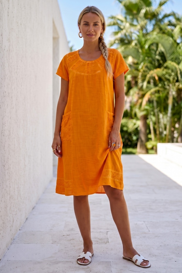 Orange Round Neck Short Sleeve Pocketed Lined Washable Robe Embroidered Cotton Woven Dress 106 55