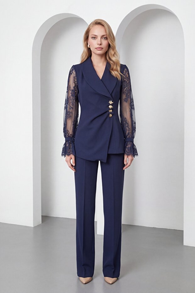 Women's Navy Blue Jacket and Pants Set with Lace Sleeves