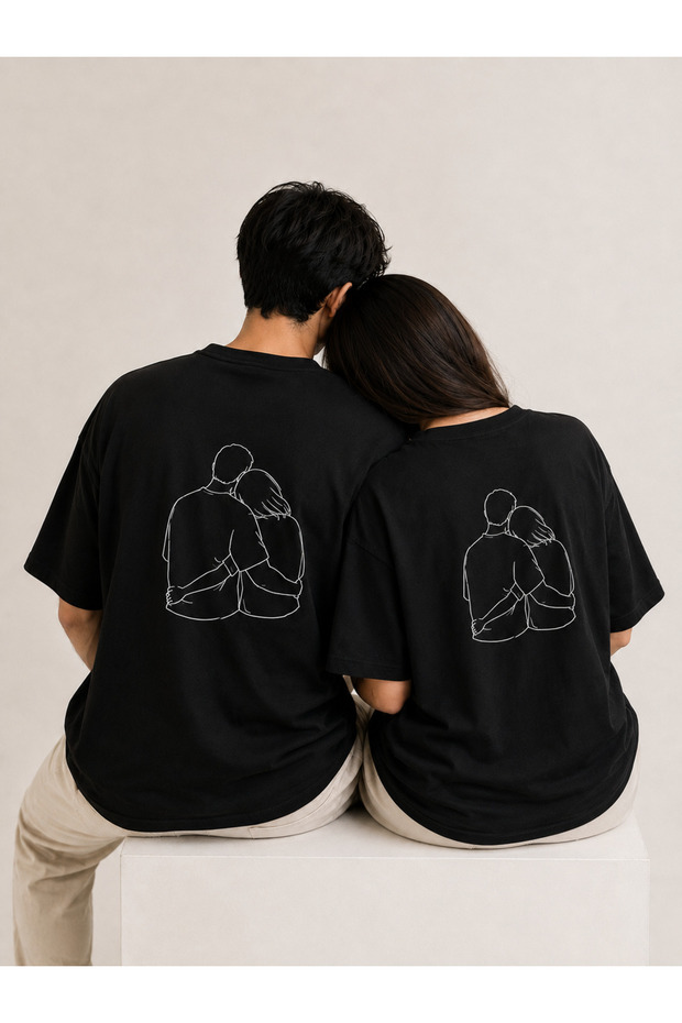 Lover's Combination Hugging Couple Printed 2-Piece Oversize T-Shirt Set