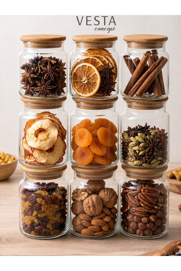 9 Pieces of Airtight Natural Bamboo Glass Jars with Lids - Set of 9 Multi-Purpose Jars - 620 ml