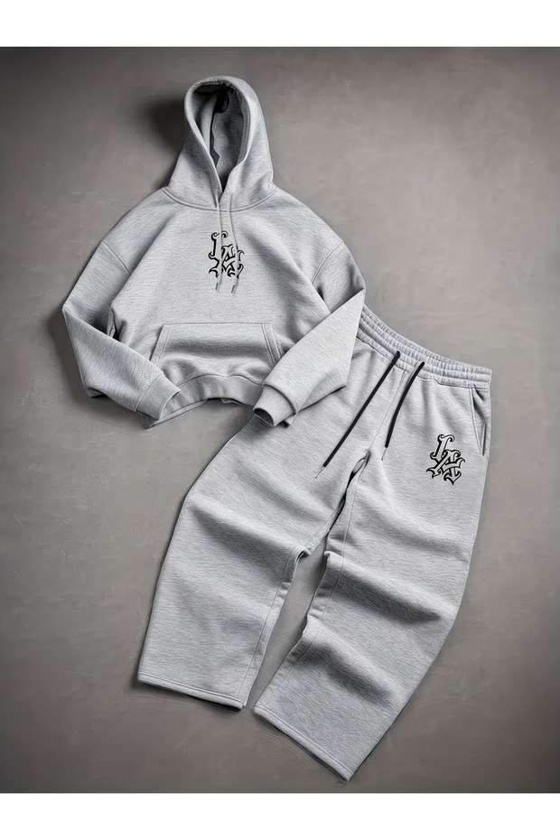 Unisex Men's Women's La Printed Oversize 3 Thread Hooded Baggy Bottom Tracksuit Set