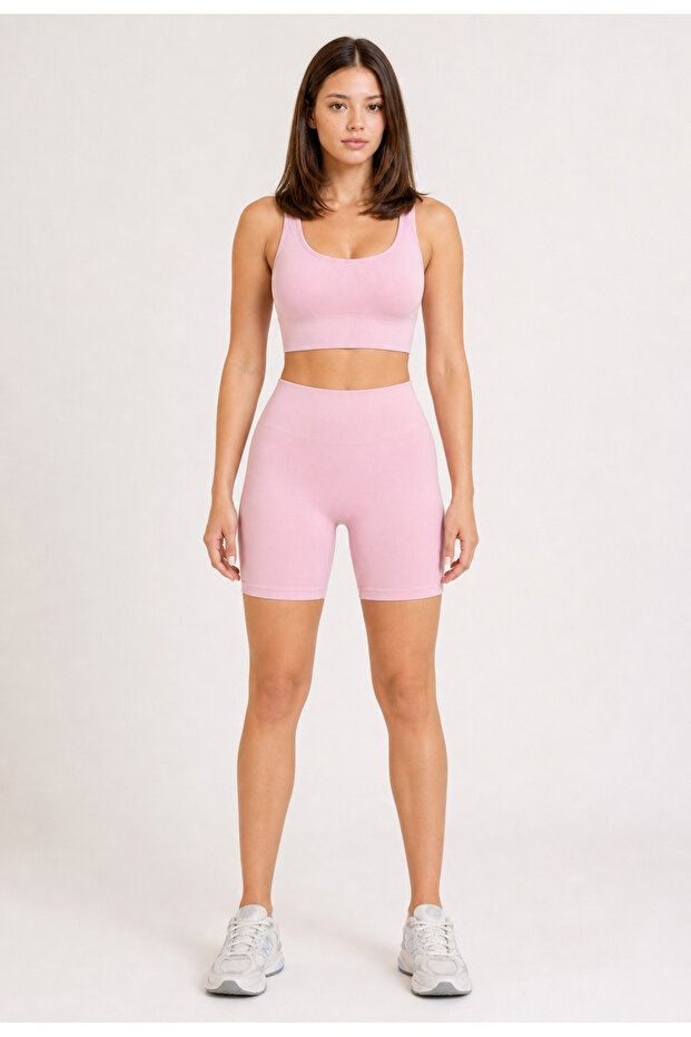 U Neck Bustier and Push up Shorts Sport Leggings Set - Pink / 1920-1950