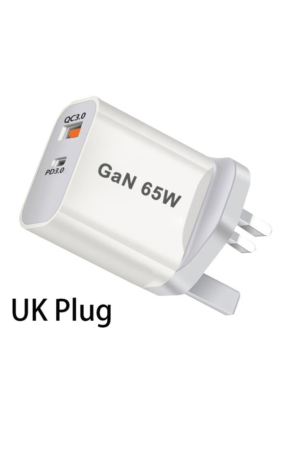 UK plug 65W GaN UK/AU/EU/US USB-C Fast Charger - PD3.0 Quick Charger with Dual Ports for iPhone 15,X