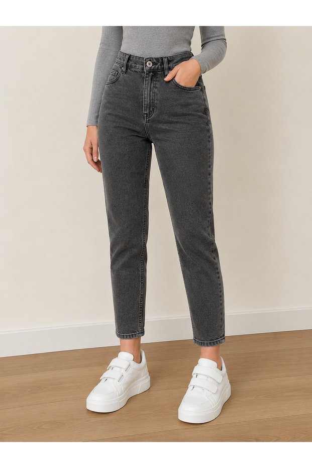 Julia Milano Black Snow Wash Mom Jeans Daily Wear Casual Comfort Boyfriend Smoked Women's Trousers New Season(2026)