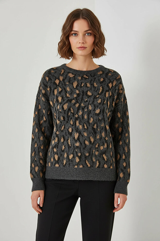 Women's Crew Neck Patterned Knitwear Anthracite Sweater