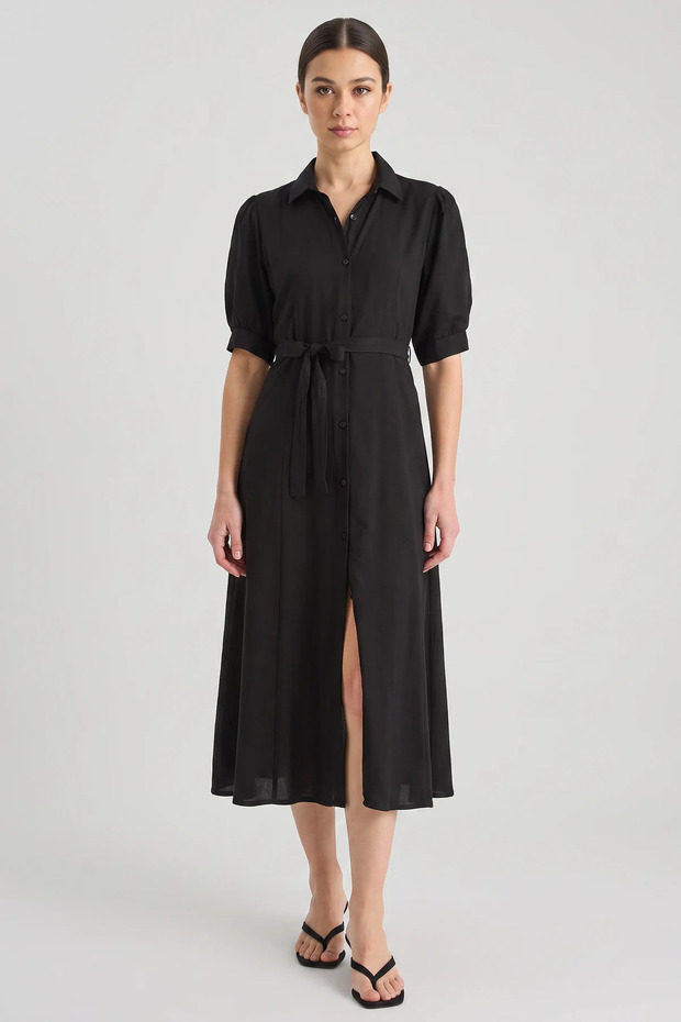 Women's Belted Summer Black Shirt Dress
