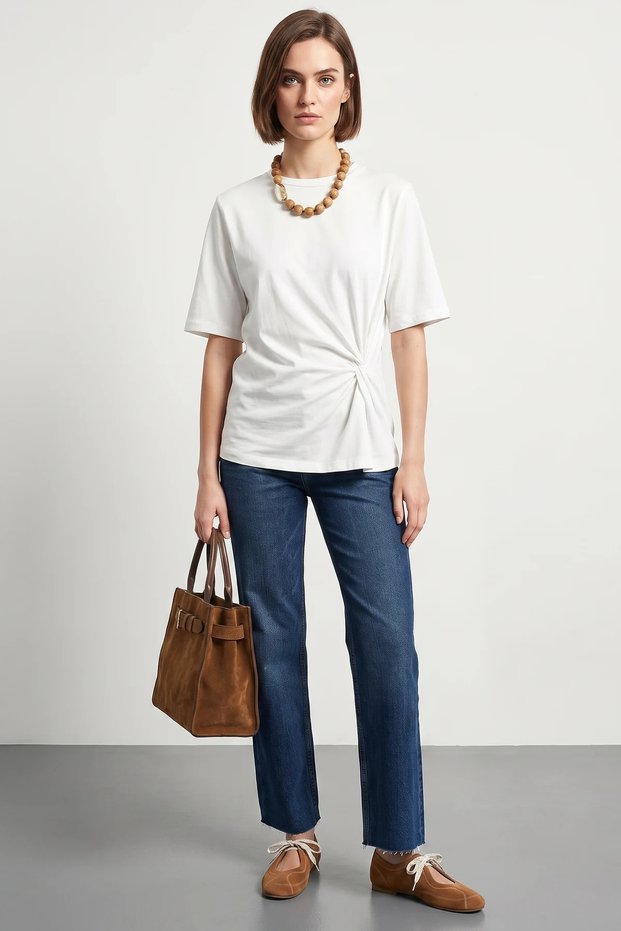 Women's Padded Shoulder Detailed Knot Short Sleeve t Shirt White
