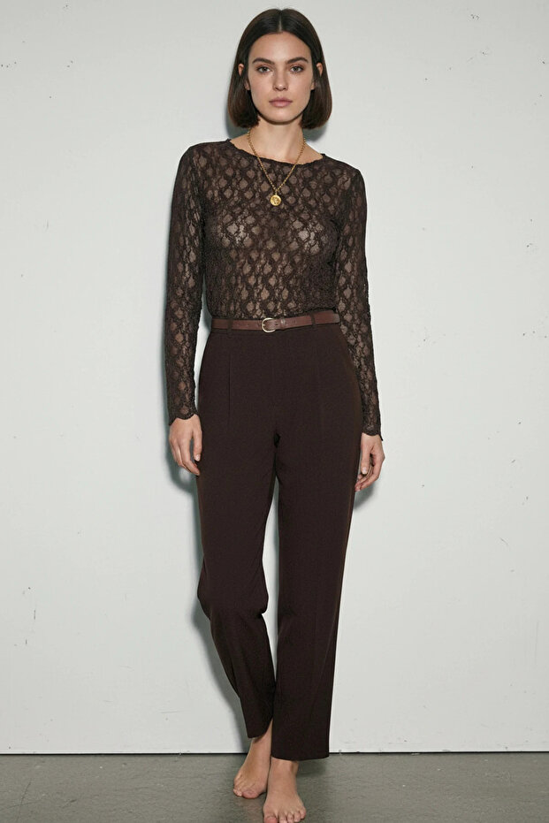 Women's Lycra Transparent Lace Bitter Brown Blouse
