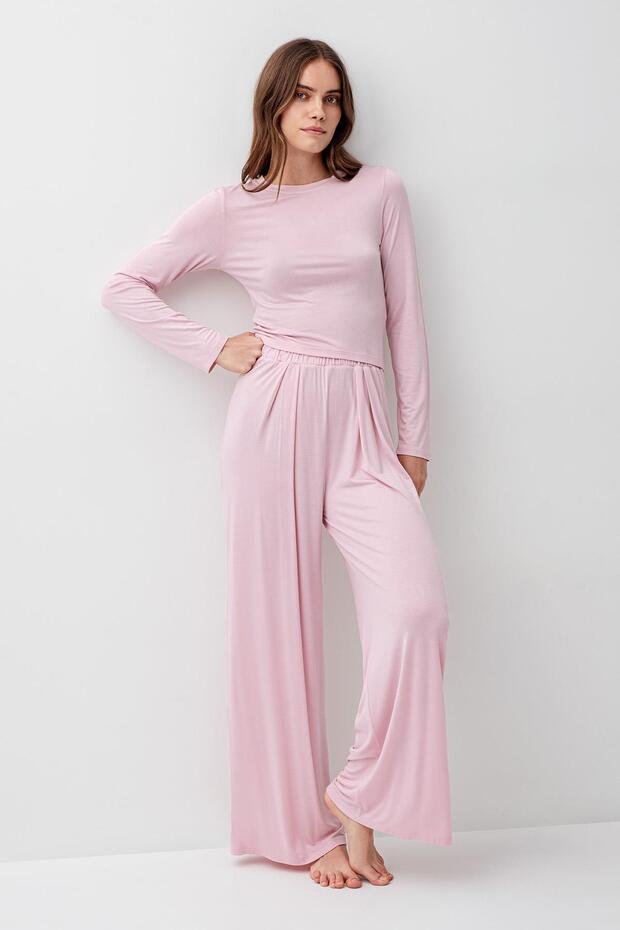 Long Sleeve Crop Wide Leg Stretchy Lycra Viscose Soft Pajama Set 18210