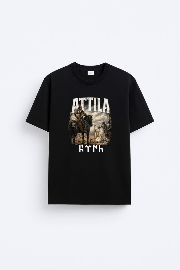 Old Hun King Attila Printed Crew Neck Black T-Shirt T-Shirt