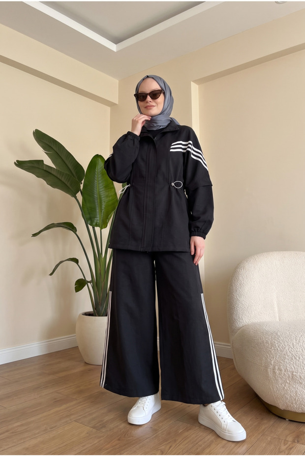 High Collar Striped Elastic Waist Zipper Suit - Black