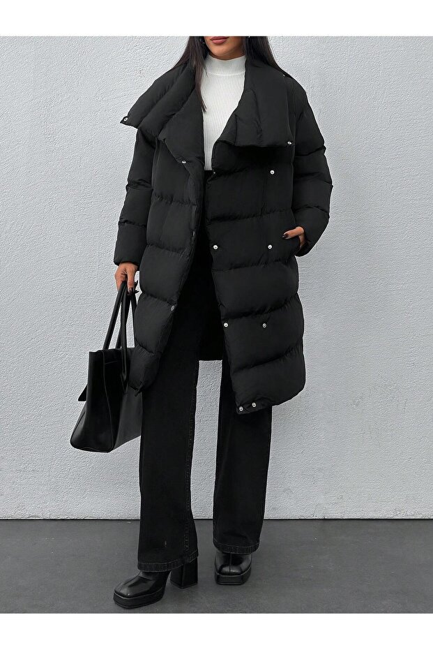 Women's Black Shawl Collar Double Pocket Snap Closure Long Puffer Coat