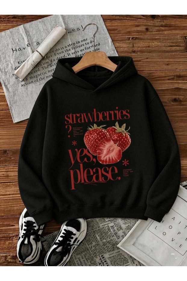 Sw Strawberries Yes, Please." Pre-Printed Colorful Women's Hooded Sweatshirt