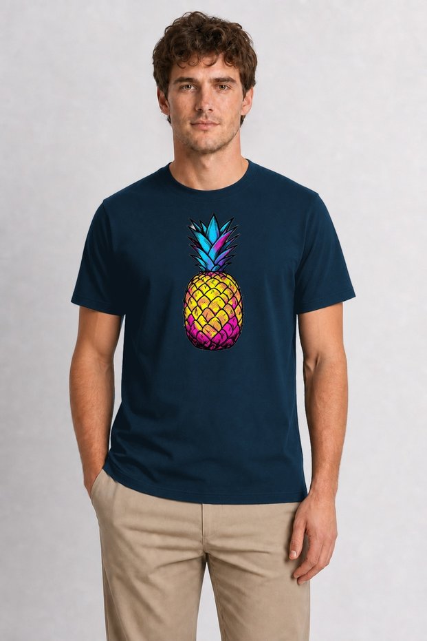 Pop Art Pineapple Print T-Shirt - Navy Blue