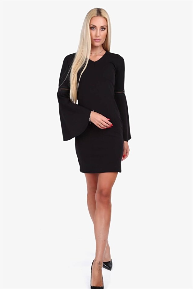 V Yaka Ispanyol Kol Mini Elbise - 1