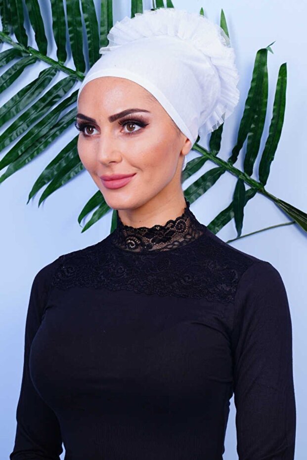 Frilly Bonnet White - Special Design - New Model Hijab Clothing