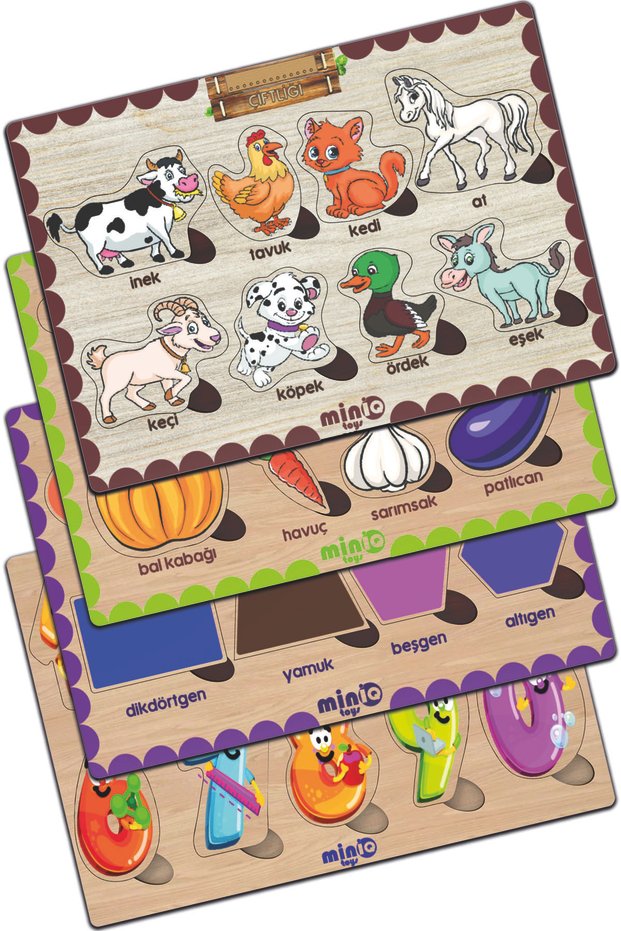 Wooden Turkish Farm Animals+vegetables-shapes-numbers Set of 4 Educational Puzzle