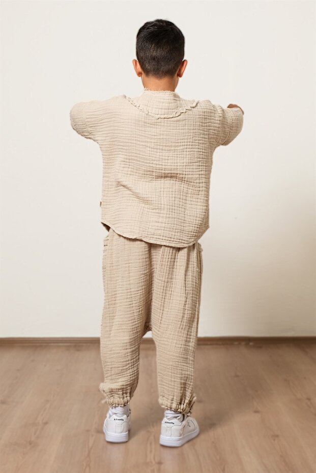 Muslin Unisex Buttoned V-Neck Children's Beige Sweater