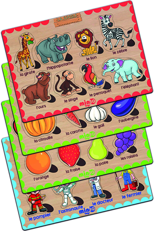 Wooden French Forest Animals-vegetables-fruits-professions Set of 4 Educational-tutorial Puzzle