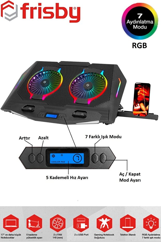 Fnc-5250st 2 قطعة 2x140mm مروحة RGB مع لوحة تحكم LCD LED Pro حامل الكمبيوتر المحمول للألعاب المبرد