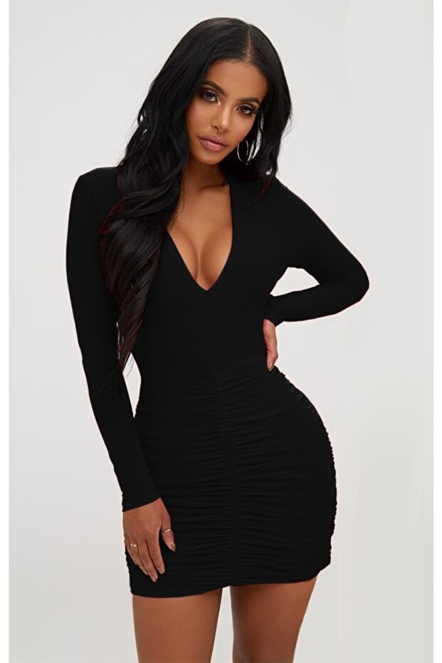 Stretchy Fabric, Low-Cut Bust, Gathered Detail, Long Sleeve Black Mini Dress Tkn-394