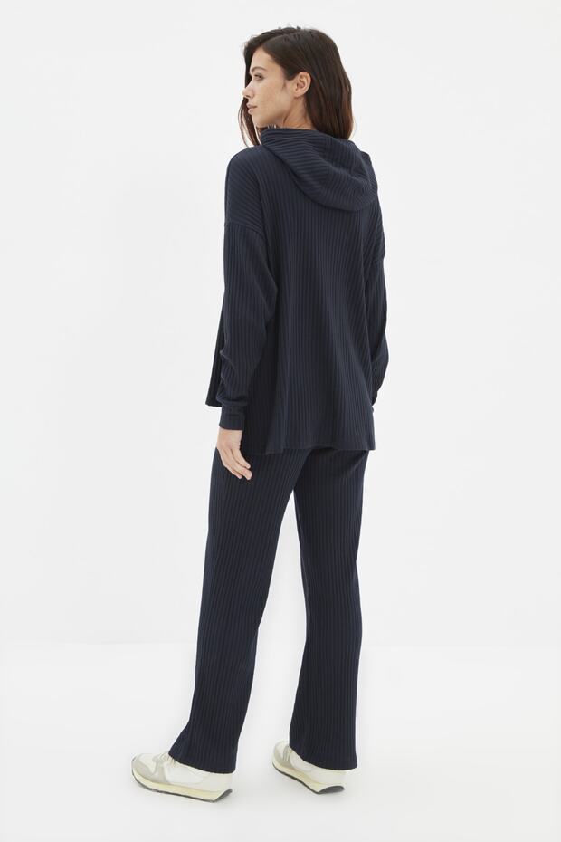 Lacivert Kapüşonlu Fitilli Örme Pijama Takımı THMAW22AU0334 - 7
