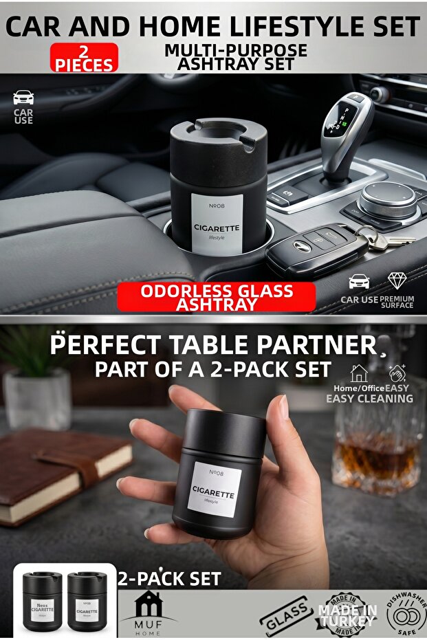 Premium 2-Piece Glass Ashtray Set: Car Cup Holder Compatible and Desktop Smokeless Ashtray with Lid 212ml 2 Pieces