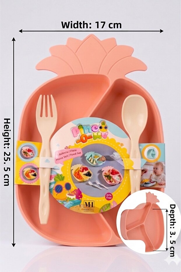 Pink Baby Food Plate Set with Pineapple Figure and Compartments - Spoon and Fork Set Bpa Free