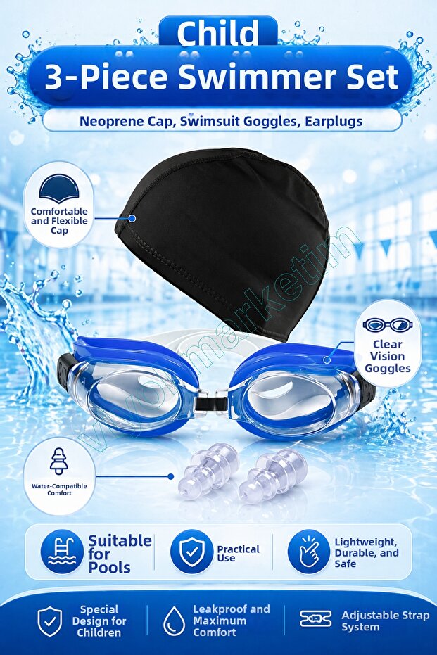 Children's 3-Piece Swimming Set – Lycra Fabric Cap, Swimming Goggles, and Earplugs | Pool Sea