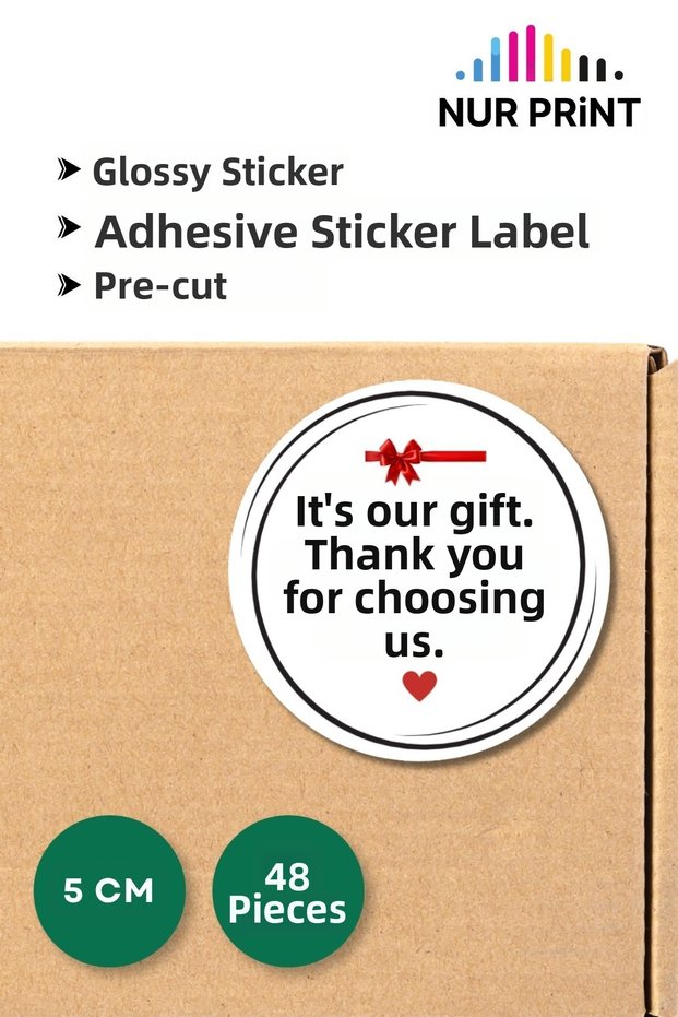 Adhesive Sticker, Round Label Diameter 5 Cm, Glossy Finish, Gift Package, "Thank You for Choosing Us as Your Favorite Gift," 48 Pcs
