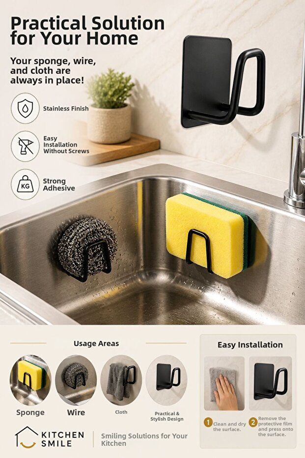 Black Adhesive Dish Sponge Holder Sink Organizer Sponge Holder 1 Piece