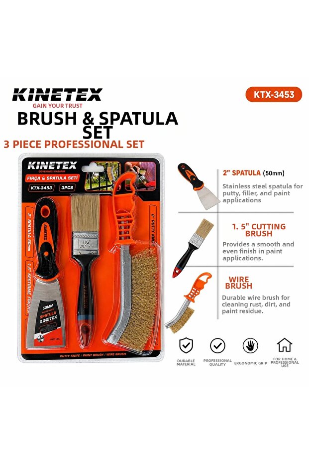Kinetex Brush & Spatula Set 3 Pieces (Wire Brush + Paint Brush + Spatula)